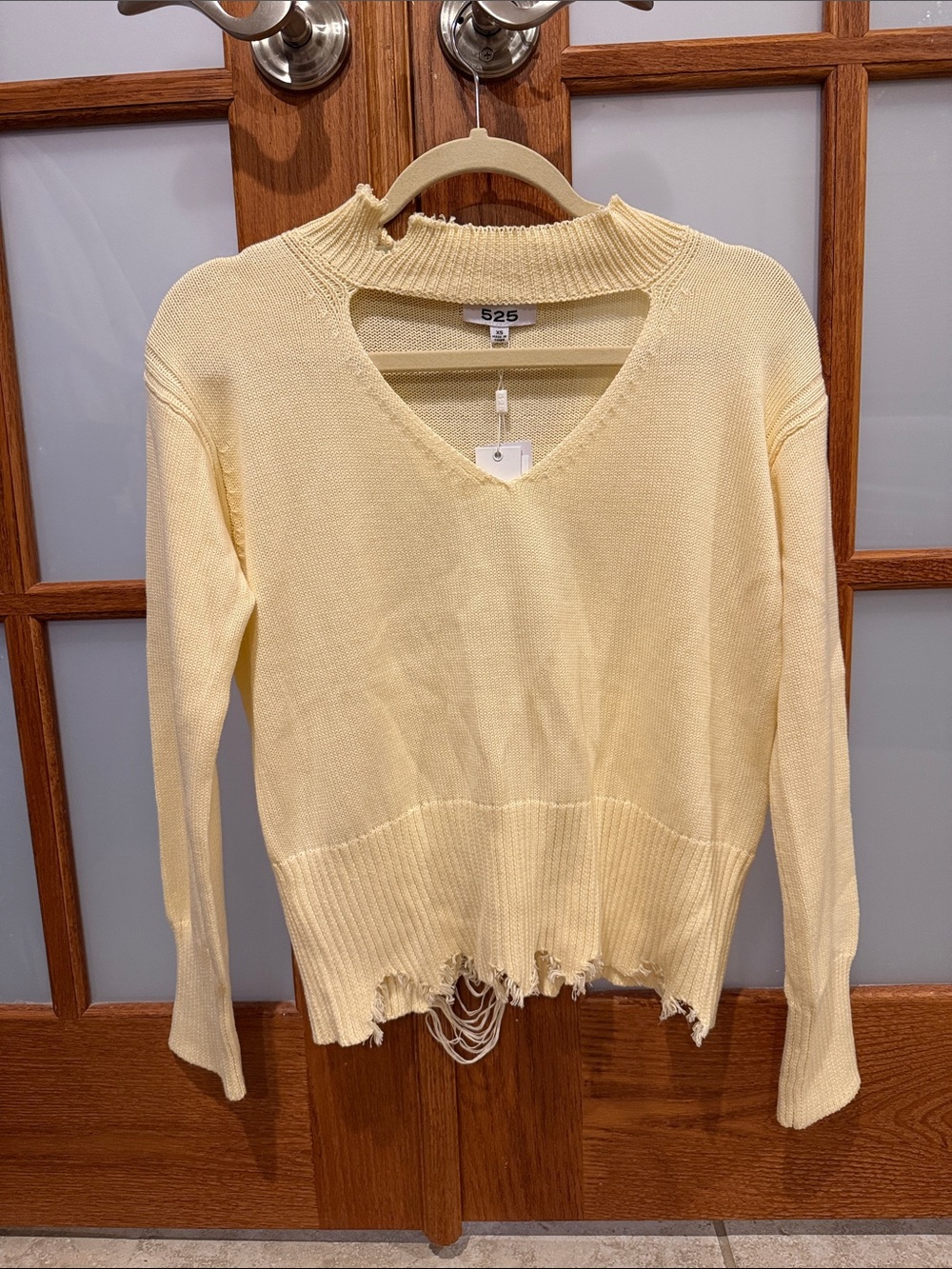 525 America Pale Yellow Distressed V-Neck Sweater
